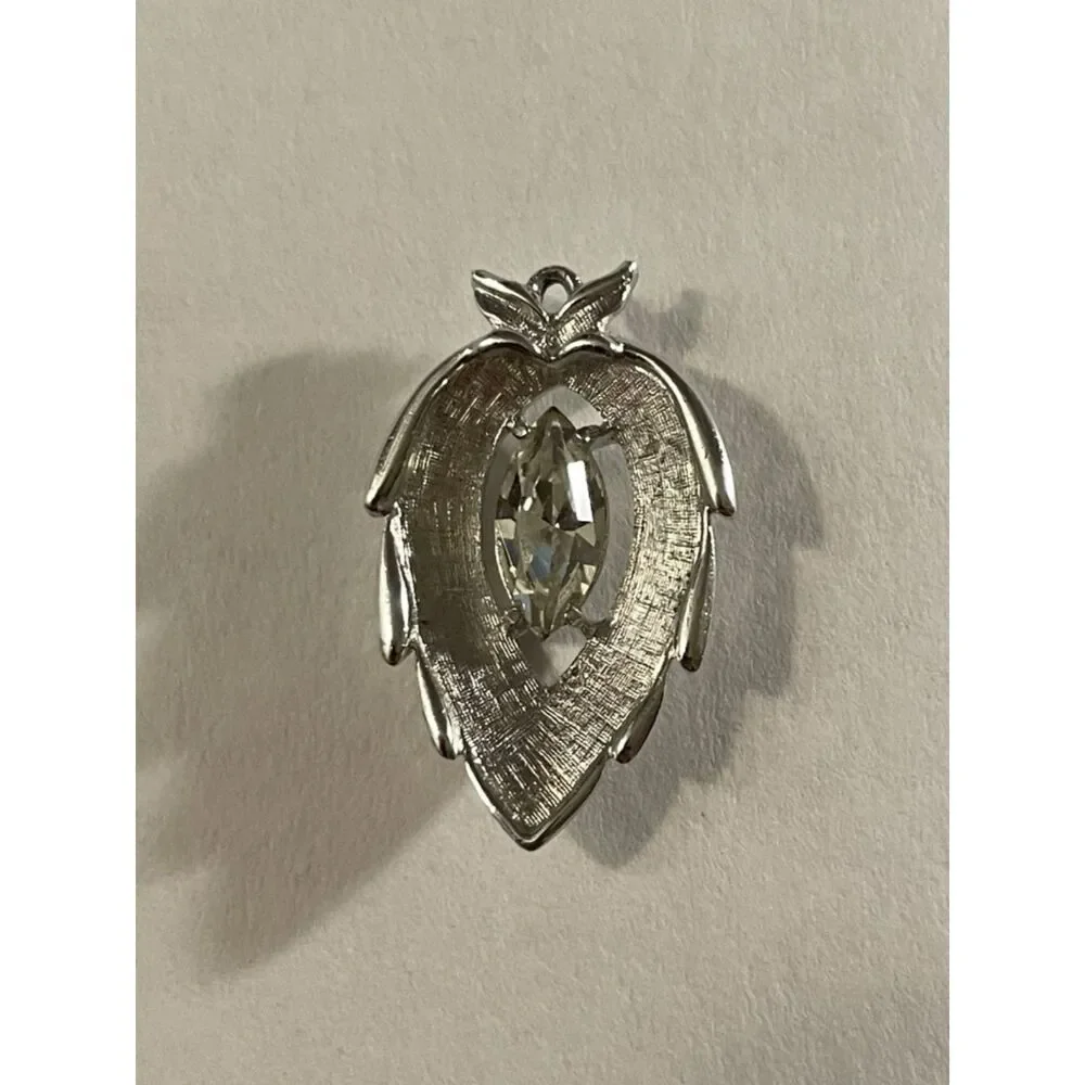 Vintage 1963 Sarah Coventry Crystal Navette Silver Tone Leaf Slide Pendant